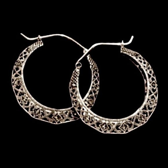 Vintage Sterling Silver Marcasite Cut Out Hinge Back Classic Hoops Earrings - Picture 4 of 11